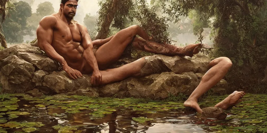 Prompt: Rugged male Sri Lankan warrior relaxing by a pond, relaxed, muscular, upper body, fantasy, intricate, elegant, highly detailed, digital painting, artstation, concept art, smooth, sharp focus, illustration, art by artgerm and greg rutkowski and alphonse mucha