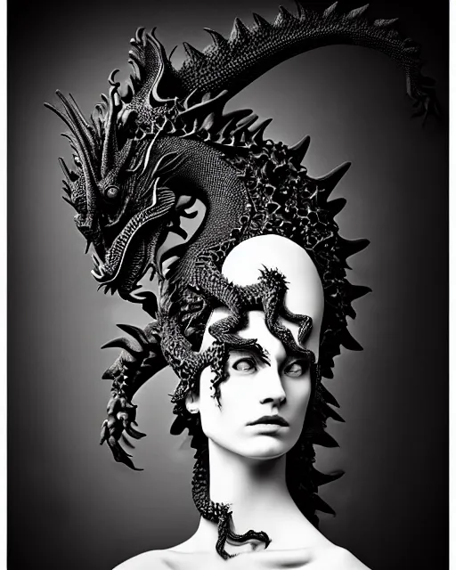Image similar to dark background, a black and white high quality dreamy photo of a young beautiful female queen-dragon-vegetal-cyborg bust with a very long neck and delicate Mandelbrot fractal face, elegant, highly detailed, flesh highly baroque ornate, hair are curled wired cables, elegant, poetic, soft, dreamy, mysterious, high fashion, rim light, in the style of Ellen von Unwerth, Realistic, Refined, Digital Art, Highly Detailed, Cinematic Lighting, rim light, black and white, photo-realistic, 8K