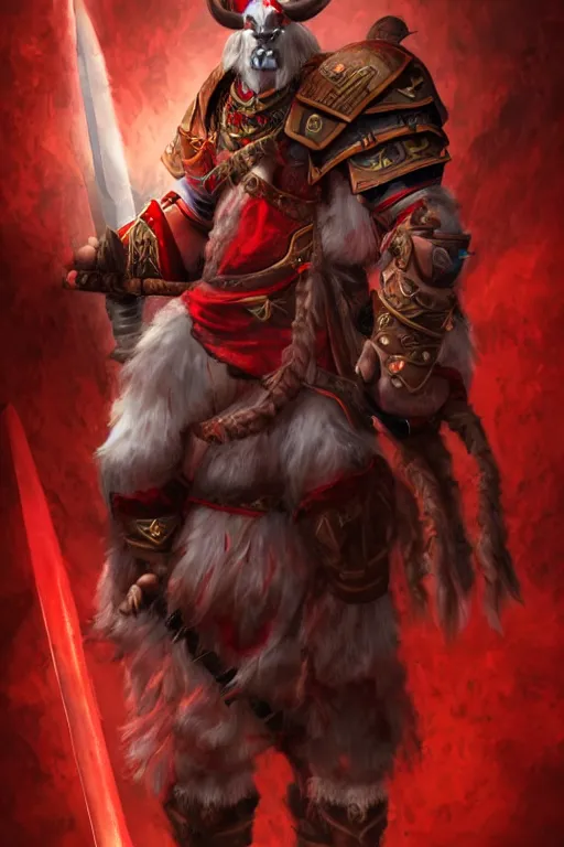 Prompt: a handsome tauren warrior colaked in white with swords, standing in light beam of a dark cave, ruby red sorrow, high quality, ultra detail