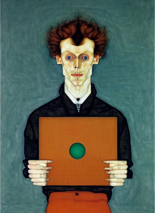 Prompt: modern creative coder with a computer in geometric harmony, by egon schiele and quint buchholz, portrait, colorful, escher++, detail