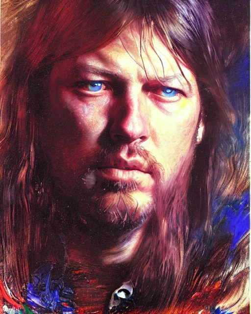 Prompt: david gilmour age 3 2 looking down dramatic expression, psychedelic plein air portrait painting by richard schmid, thomas moran, john william waterhouse, studio ghibli, donato giancola,