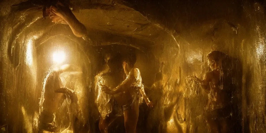 Image similar to sweaty wet skin, rebirth symbolism, wide angle, cinematic atmosphere, elaborate, highly detailed, dramatic lighting