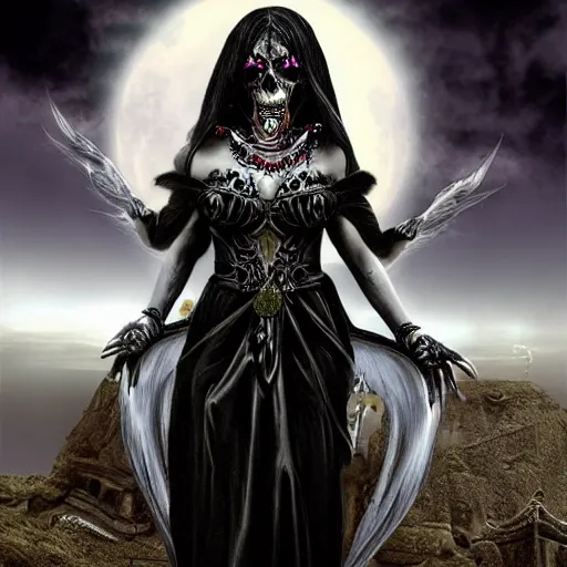 Image similar to candid photographic portrait, goddess of death, by anne stokes