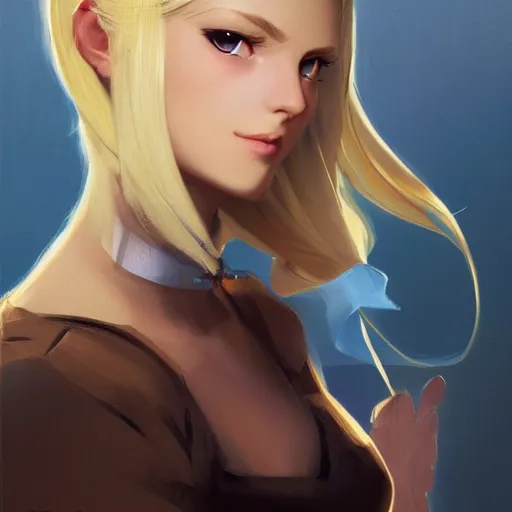 Prompt: portrait of beautiful girl with blond hair and blue eyes, League of Legend illustration by Sam Youn:1, profile picture by Gil Elvgren:2, Krenz Cushart:2, asymmetrical, Organic Painting, Ambient Occlusion:3, Matte Painting, bold shapes, hard edges, street art, trending on artstation, realistic:2 by Sachin Teng:5