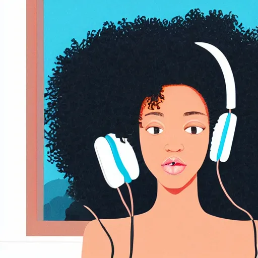 Image similar to lo-fi colorful masterpiece painting, black girl, curly hair, with headphones, studyng in bedroom, window with rio de janeiro view, lo-fi illustration style, by WLOP, by loish, by apofis, alive colors