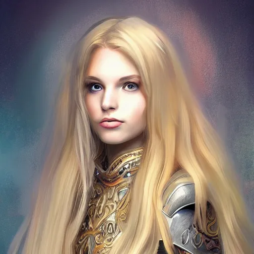 Prompt: portrait of long haired blonde woman, ornate armour, fantasy, painterly, ethereal, trending on art station