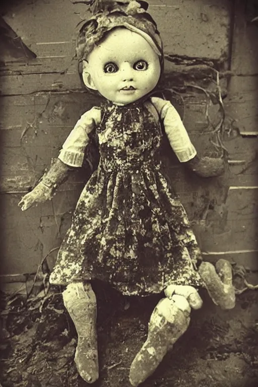 Image similar to dirty cracked screaming vintage doll maggots in eyes sitting in darkly lit dusty basement cobwebs old photo