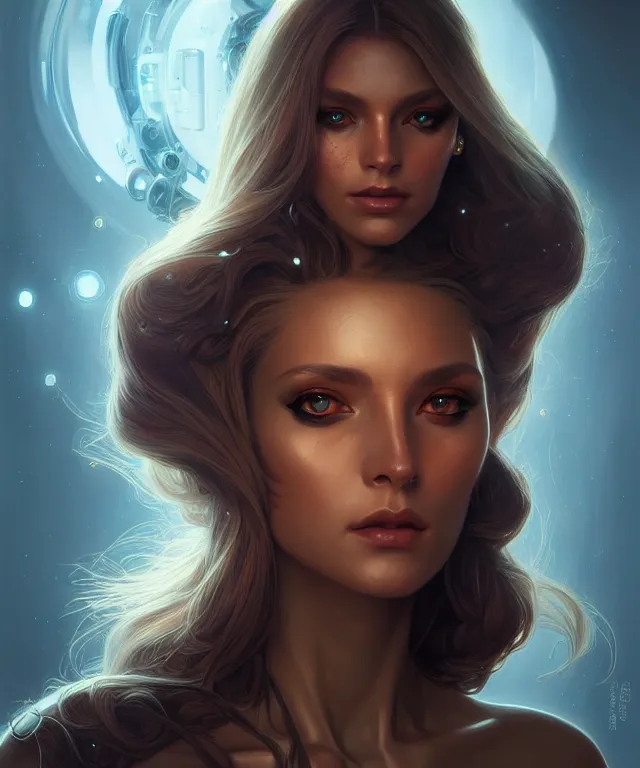 Image similar to futuristic woman android portrait, sci - fi, amber eyes, face, long hair, fantasy, intricate, elegant, highly detailed, digital painting, artstation, concept art, smooth, sharp focus, illustration, art by artgerm and greg rutkowski and alphonse mucha