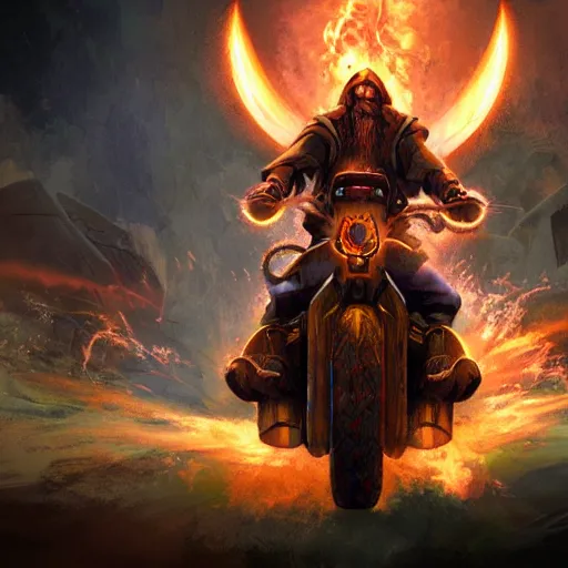 Image similar to epic wizard riding a motorcycle into the gates of hell video game concept art