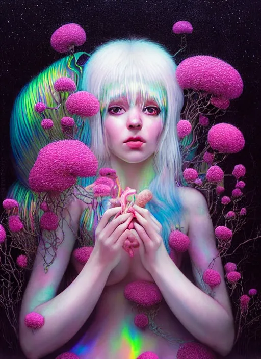 Prompt: hyper detailed 3d render like a Oil painting - kawaii portrait Aurora (white haired Singer Weasle) seen Eating of the Strangling network of yellowcake aerochrome and milky Fruit and Her delicate Hands hold of gossamer polyp blossoms bring iridescent fungal flowers whose spores black the foolish stars by Jacek Yerka, Ilya Kuvshinov, Mariusz Lewandowski, Houdini algorithmic generative render, Abstract brush strokes, Masterpiece, Edward Hopper and James Gilleard, Zdzislaw Beksinski, Mark Ryden, Wolfgang Lettl, hints of Yayoi Kasuma, octane render, 8k