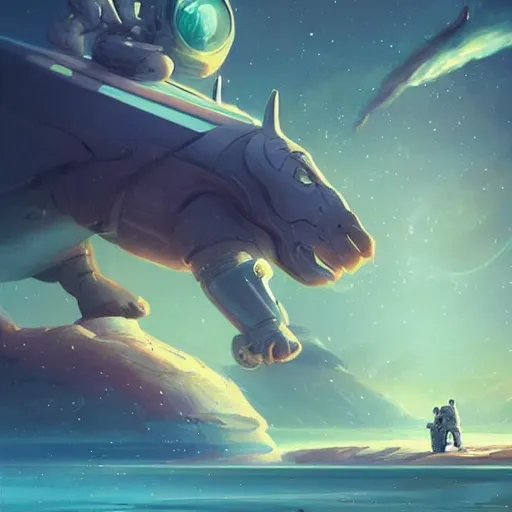 Image similar to Astronauts are riding some mythical animals, they are resting to the side of a reflecting lake, the surface of a planet has a wacky wildlife, some planets and nebulas are as background, by Jordan Grimmer digital art, trending on Artstation,