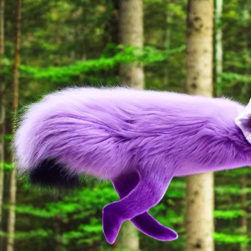 Image similar to a purple fox with a long fluffy and shiny coat sits in the forest on a ufo flying saucer. super realistic photo. clear details