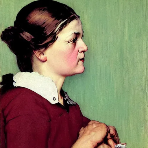 Prompt: Frontal portrait of a woman without distinct pupils: her eyes are entirely white. Painting by Norman Rockwell.