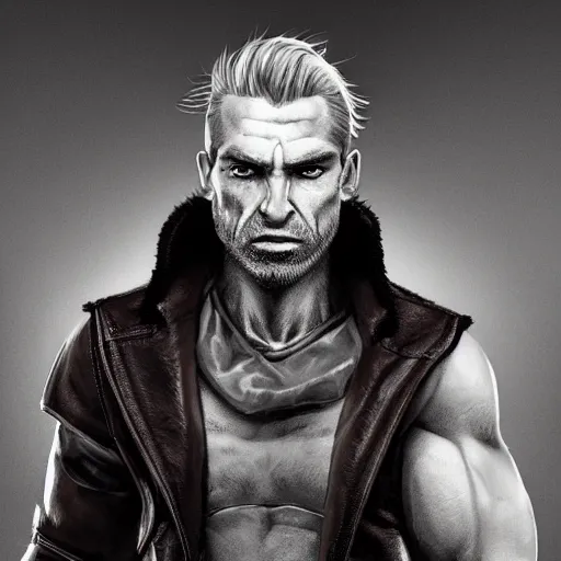 Prompt: portrait of a muscular, grim, ponytail haired blonde man in his late 30's, wearing a thick brown leather coat, looking to his side, hunter, DnD character, fantasy character, dramatic lighting, high detail, black and white digital art by Ruan Jia, Krenz Cushart, Rossdraws and Boris Vallejo