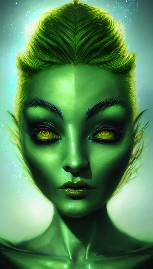 Prompt: portrait of magical green goblin female , dark fantasy, gradient green black, dreamy and ethereal, (colour) eyes, one head, golden ratio, peaceful expression, ornate frilly dress, fantasy, intricate, elegant, rainbow bubbles, highly detailed, digital painting, artstation, concept art, smooth,b sharp focus, illustration, art by artgerm and greg rutkowski and alphonse mucha