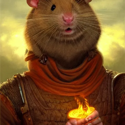 Prompt: fantasy portraiture of a man-hamster chimera jarl, by Ted Nasmith and by Joe Jusko, 4K, trending on ArtStation, sfumato, full shot