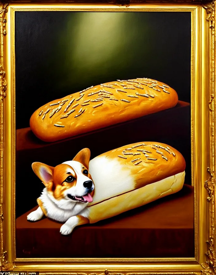 Image similar to a royal portrait of a corgi as a loaf of bread, oil on canvas, highly detailed, cinematic lighting, pretty