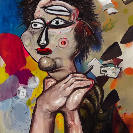 Prompt: A painting of a drug addict taking ecstacy by George Condo