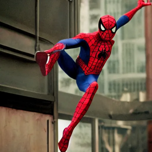 Image similar to film still of Tobey Maguire spider man swinging