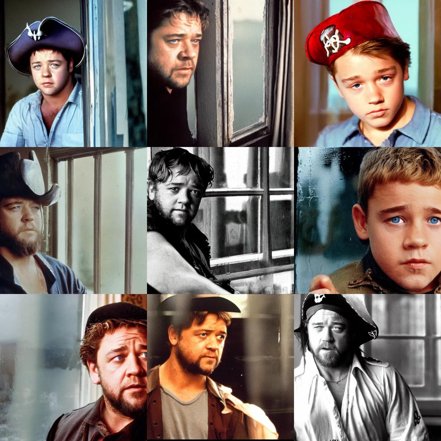 Prompt: young russell crowe wearing a pirate hat behind a dirty window staring out