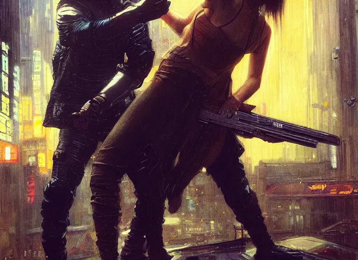 Image similar to blade runner fighting android ( blade runner 2 0 4 9, cyberpunk 2 0 7 7 character design ). orientalist portrait by john william waterhouse and james gurney and theodore ralli and nasreddine dinet, oil on canvas. cinematic, hyper realism, realistic proportions, dramatic lighting, high detail 4 k