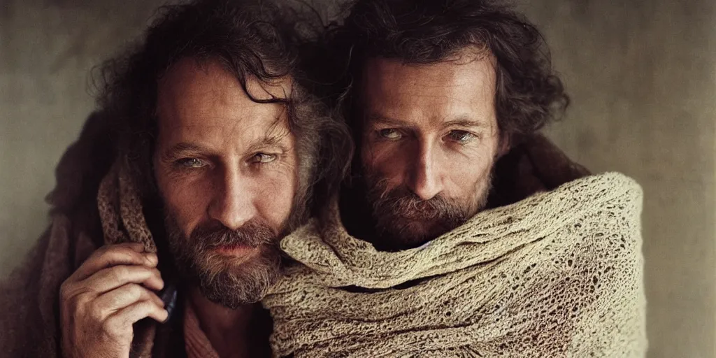 Image similar to a man with a slight stubble is lookin through the shawl, photo by Annie Leibovitz,