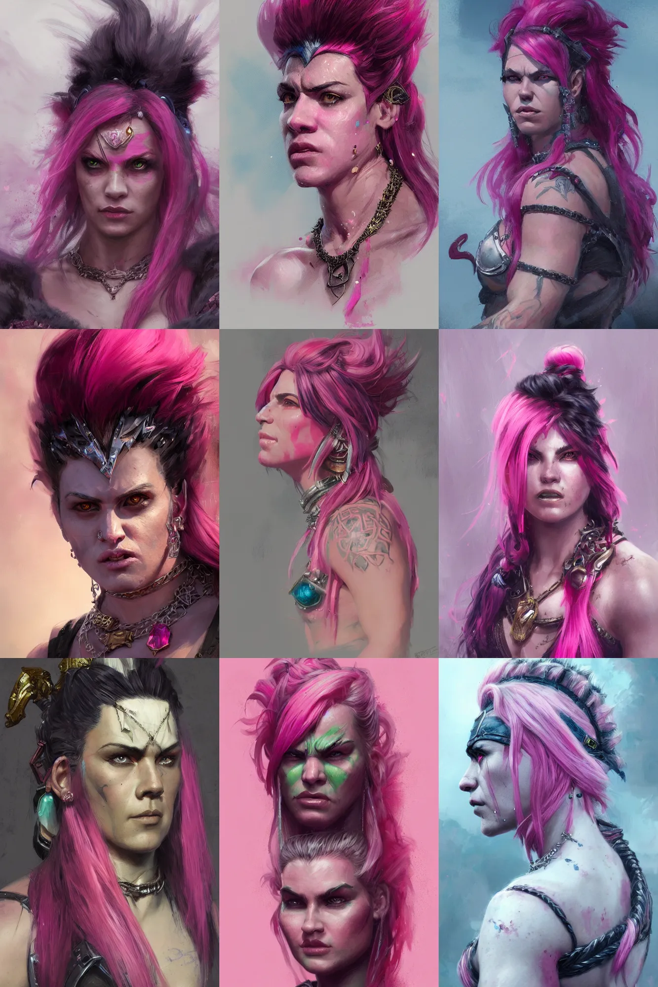 Prompt: half - orc bouncer with pink streaks in hair, woman, elaborate jewellery, painted by greg rutkowski, detailed portrait, featured in artstation