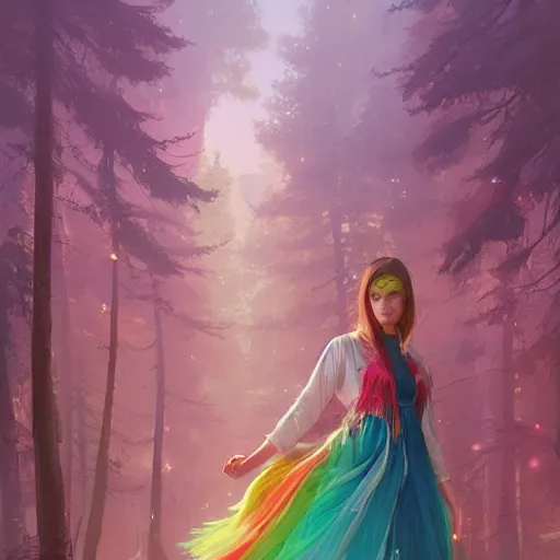 Prompt: highly detailed portrait of women wearing rainbow gown in middle of colorful forest in gta v, stephen bliss, unreal engine, fantasy art by greg rutkowski, loish, rhads, ferdinand knab, makoto shinkai and lois van baarle, ilya kuvshinov, rossdraws, tom bagshaw, global illumination, radiant light, detailed and intricate environment