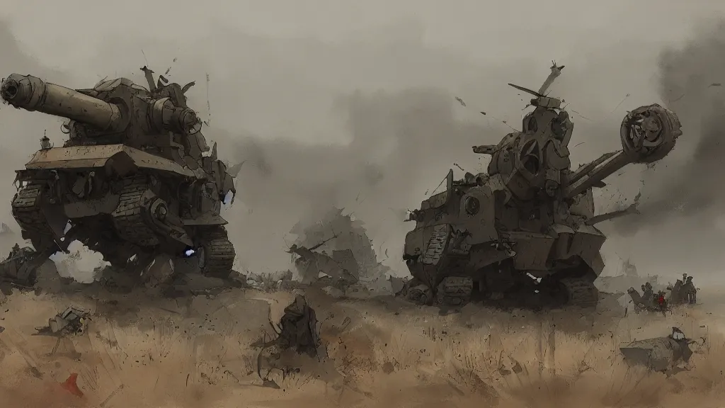 Prompt: howitzer, watercolored, jakub rozalski, dark colours, dieselpunk, artstation