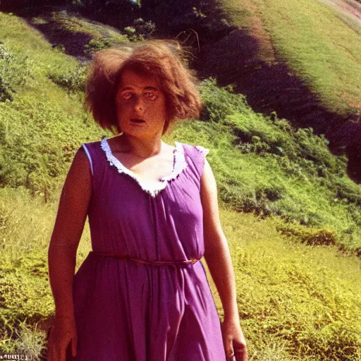 Image similar to middle aged woman who is half human, half muppet, wearing a dress, in the hillside, 1980 French film, archival footage, technicolor film expired film live-action, 16mm