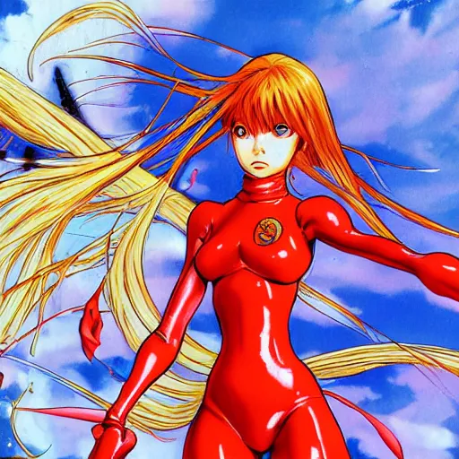 Prompt: Asuka Langley by masamune shirow, highly detailed, action, intricate background details, existentialism and posthumanism.