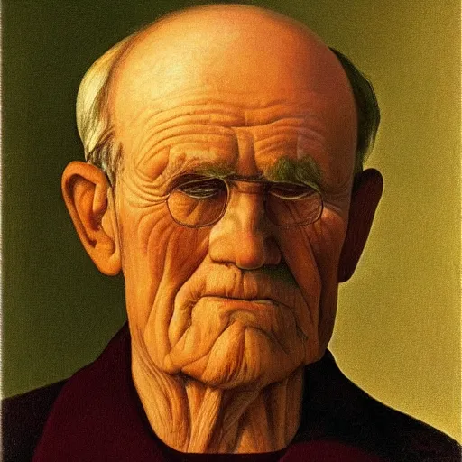 Prompt: portrait of old man by Grant Wood, on simple background, oil painting, middle close up composition