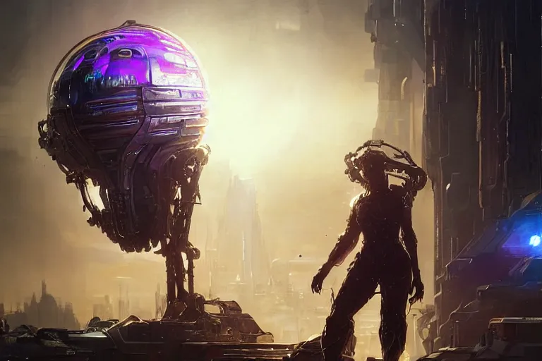 Image similar to portrait sci-fi art by Greg Rutkowski and Ruan Jia and artgerm and Alphonse Mucha, a glowing alien liquid metal orb floating above the hand of a soldier, solar flares, futuristic environment, detailed and intricate environment, fractal biomech, cyberpunk, neon color, purple bioluminescence, chrome, dramatic lighting, cinematic, high technology, highly detailed portrait, digital painting, artstation, concept art, smooth, sharp focus, ilustration, Artstation HQ