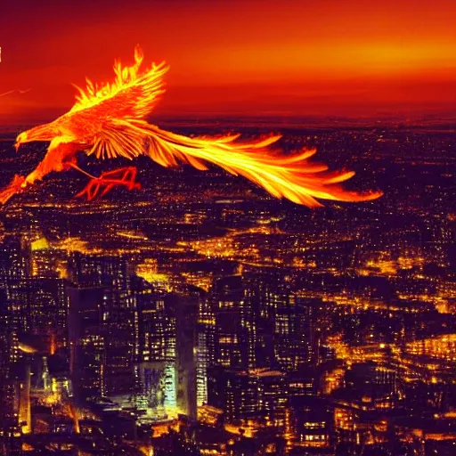 Prompt: Flaming Phoenix bird flying above a city at night. High quality.