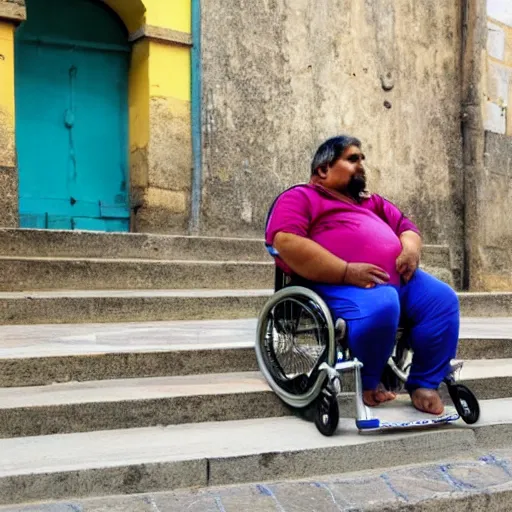 Image similar to an obese indian in a wheelchair on steps in Porto, detailed photo