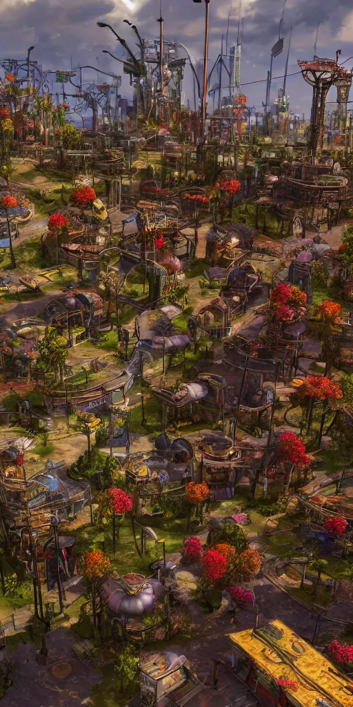 Image similar to technologic city with flowers on a steampunk land by borderlands, smooth, cinematic, wet reflections, ray tracing x, rtx, smooth