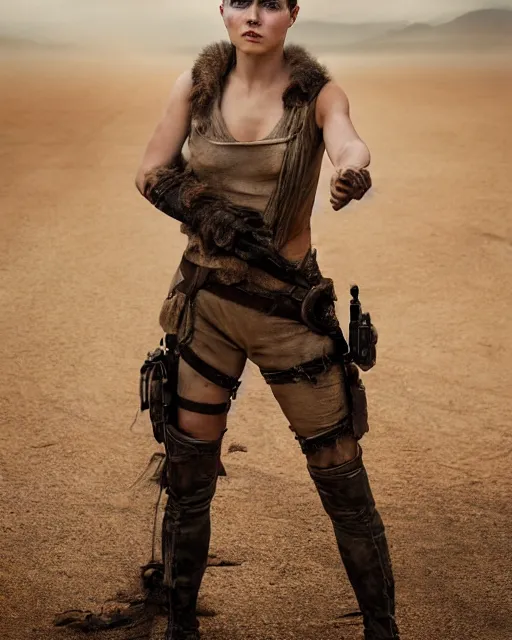 Prompt: photoshoot of ana taylor - joy dressed as a young imperator furiosa in mad max fury road prequel, photoshoot in the style of annie leibovitz, george miller, studio lighting, soft focus 9 mm lens, bokeh