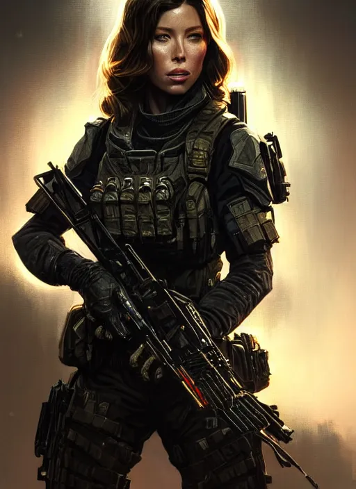 Image similar to portrait of call of duty black ops jessica biel, intricate, elegant, glowing lights, highly detailed, digital painting, artstation, glamor pose, concept art, smooth, sharp focus, illustration, art by artgerm and greg rutkowski, artey freytag