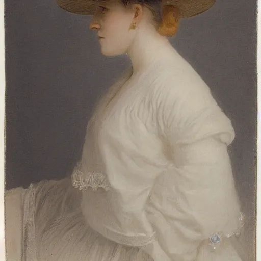 Prompt: woman with hat, side view, wedding dress, by jules - joseph lefebvre