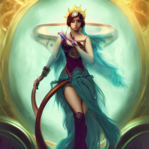 Prompt: a beautiful tarot card of sona with teal colored hair with deep red highlights, female, league of legends, space fantasy, in the style of magic the gathering, intricate, elegant, highly detailed, digital painting, artstation, concept art, matte, sharp focus, illustration, art by greg rutkowski and alphonse mucha