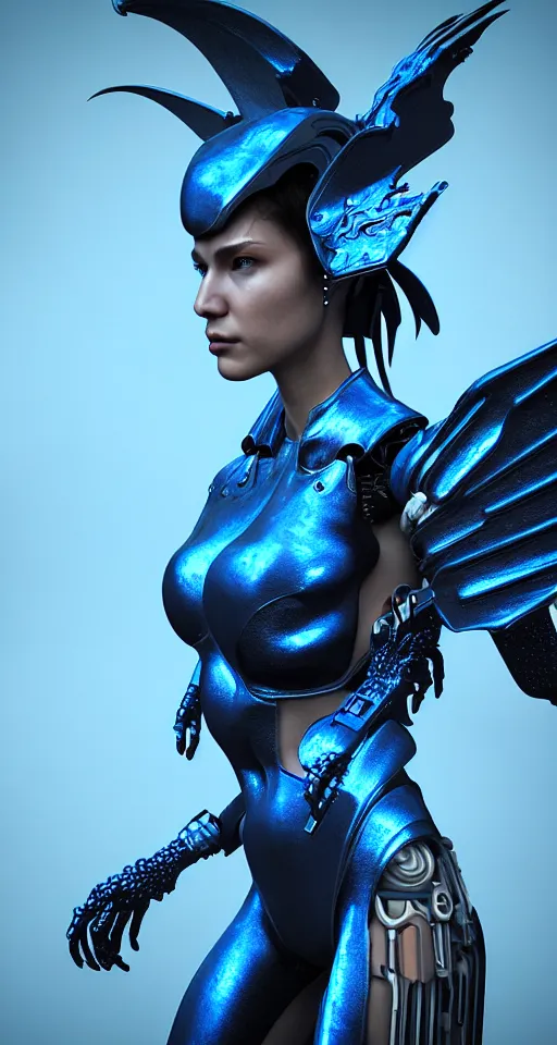 Prompt: portrait of a cyborg woman with metal wings a blue dragon scale, trending artstaition, unreal engine