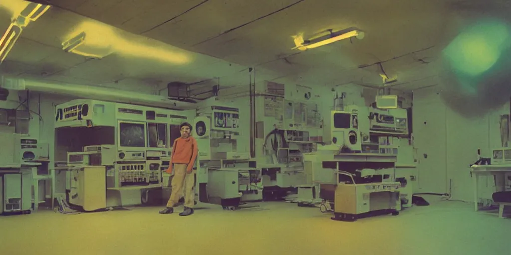 Image similar to movie still 35mm film photograph Large boy named Mega Watson, inside of a 1970s science lab, neon lights, dirty, ektachrome photograph, volumetric lighting, f8 aperture, cinematic Eastman 5384 film