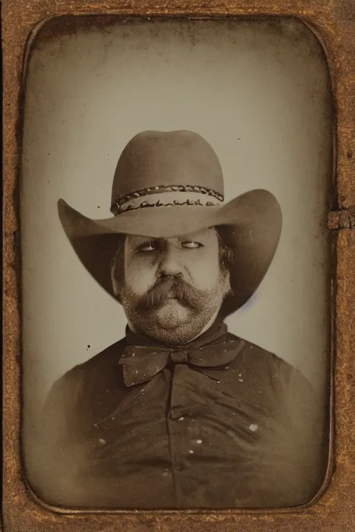 Prompt: daguerreotype of a retired wild west gunslinger, obese, three day growth, balding, alcoholic, alcoholic nose, bloodshot eyes, handlebar moustache, cowboy hat