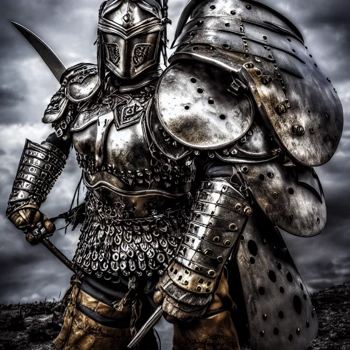 Image similar to photo of a warrior with metal bear themed armour, highly detailed, 4 k, hdr, smooth, sharp focus, high resolution, award - winning photo