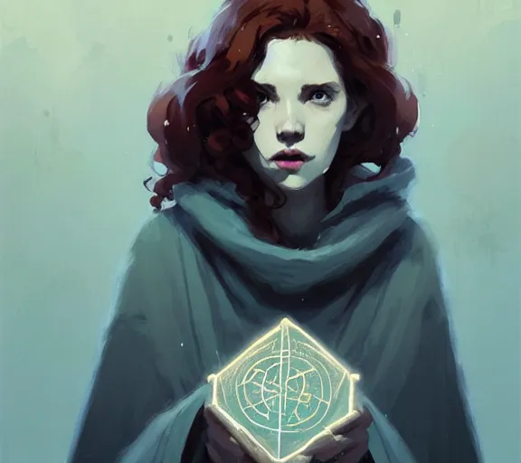 Prompt: portrait woman with long ginger curly hair, cloak with runes, by atey ghailan, by greg rutkowski, by greg tocchini, by james gilleard, by joe fenton, by kaethe butcher, by ashley wood, dynamic lighting, gradient light blue, brown, blonde cream and white color scheme, grunge aesthetic