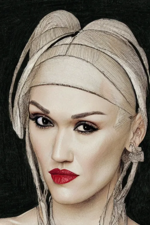 Prompt: a portrait of gwen stefani in the style of leonardo da vinci drawing,, single head, no double head,