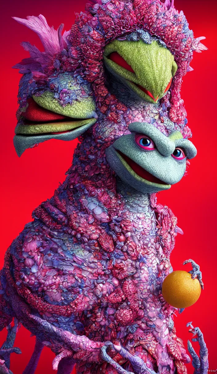 Image similar to hyper detailed 3d render like a Oil painting - kawaii portrait of four Aurora (a beautiful skeksis muppet fae queen from dark crystal that looks like Anya Taylor-Joy) seen red carpet photoshoot in UVIVF posing in scaly dress to Eat of the Strangling network of yellowcake aerochrome and milky Fruit and His delicate Hands hold of gossamer polyp blossoms bring iridescent fungal flowers whose spores black the foolish stars by Jacek Yerka, Ilya Kuvshinov, Mariusz Lewandowski, Houdini algorithmic generative render, Abstract brush strokes, Masterpiece, Edward Hopper and James Gilleard, Zdzislaw Beksinski, Mark Ryden, Wolfgang Lettl, hints of Yayoi Kasuma and Dr. Seuss, octane render, 8k