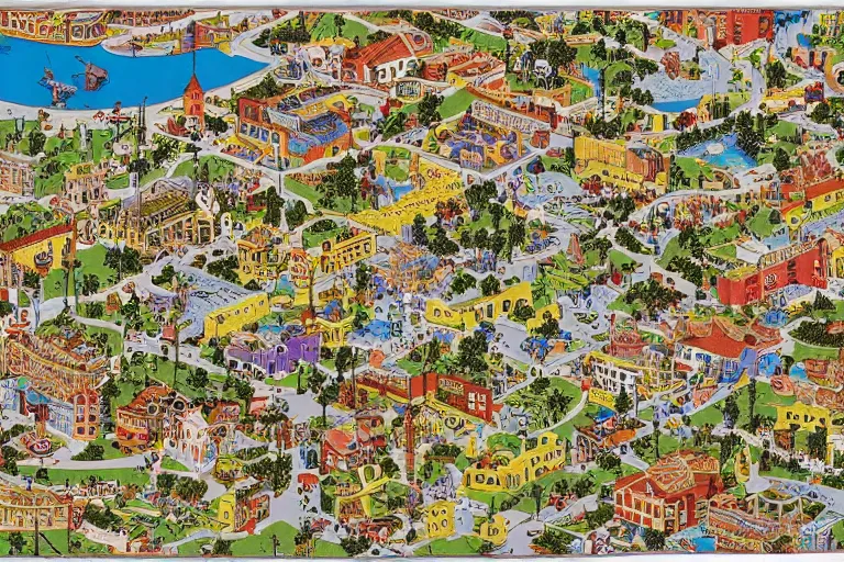 Image similar to an elaborate kids city map carpet rug, detailed, made of penned illustrations, by wes anderson and geoff darrow!!!!!