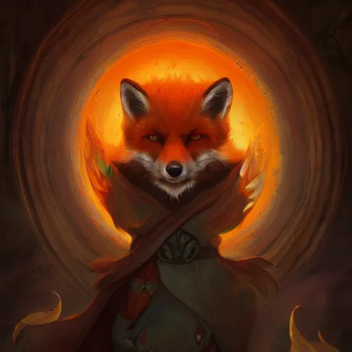 Image similar to anthropomorphic druidic fox in a vortex of flame, 8k resolution matte fantasy painting, cinematic lighting, DeviantArt Artstation, Jason Felix Steve Argyle Tyler Jacobson Peter Mohrbacher