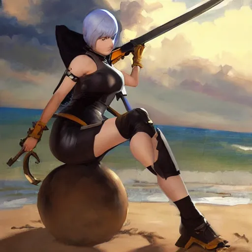 Prompt: greg manchess portrait painting of 2 b nier automata as tracer from overwatch on the beach holding a sword, organic painting, sunny day, matte painting, bold shapes, hard edges, street art, trending on artstation, by huang guangjian and gil elvgren and sachin teng